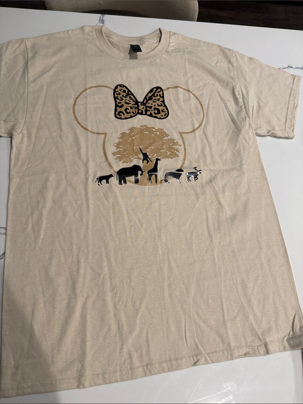 Womens Beige Graphic Tee with Leopard Minnie Bow